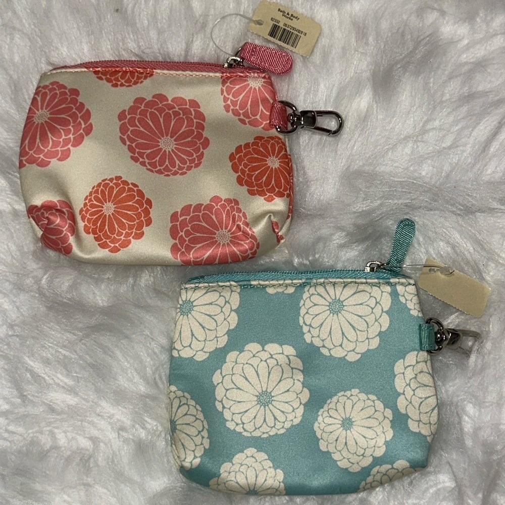 Bath & Body Works Floral Coin Purse Set of 2 Pink Teal Satin Zipper Pouch NWT